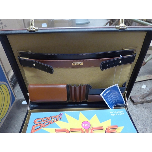 2076 - Leather combination lock briefcase and three board games