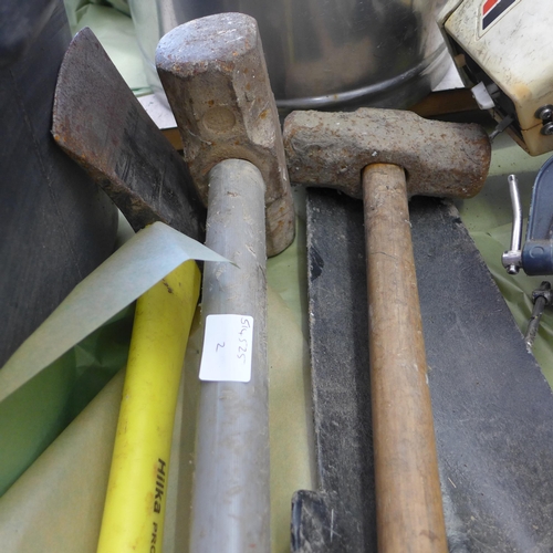 2102 - 2 sledge hammers, axe and post hole digger