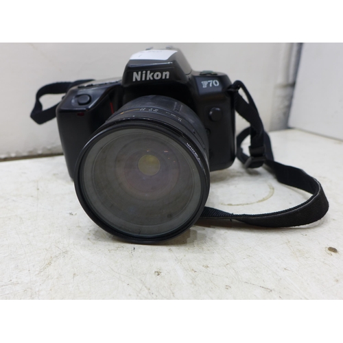 2216 - Nikon F70 35mm camera and Nikon Zoom 310 AF 35mm camera in carry bag with Tamron 28-200mm LD lens, t... 