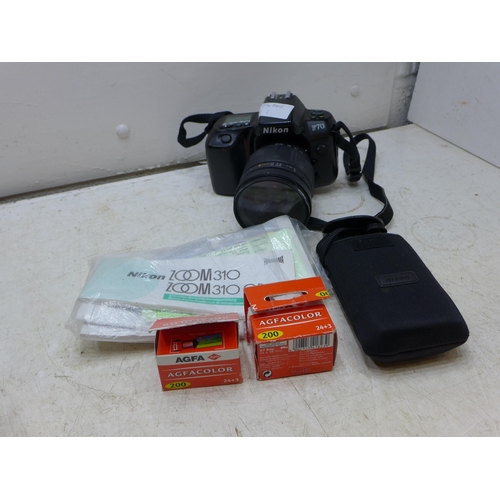 2216 - Nikon F70 35mm camera and Nikon Zoom 310 AF 35mm camera in carry bag with Tamron 28-200mm LD lens, t... 