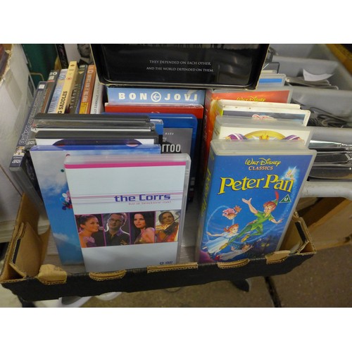 2239 - Two boxes of DVDs, VHS videos and CDs including Disney, pop and rock CDs, etc.