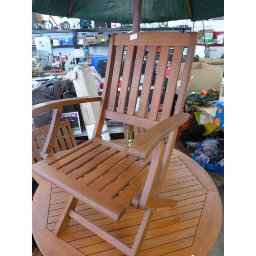 2318 - Teak circular table, parasol and four teak chairs