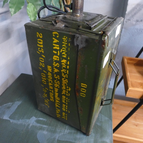 1309 - An upcycled helmet and ammo box table lamp, H 80cms (HD856441)   #