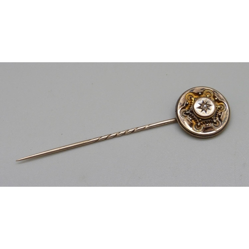 1001 - A Victorian yellow metal and old cut diamond stick pin, 3.6g, diameter 18mm