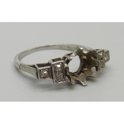 1011 - A platinum Art Deco ring shank, set with diamonds, lacking main stone, 3.3g, P