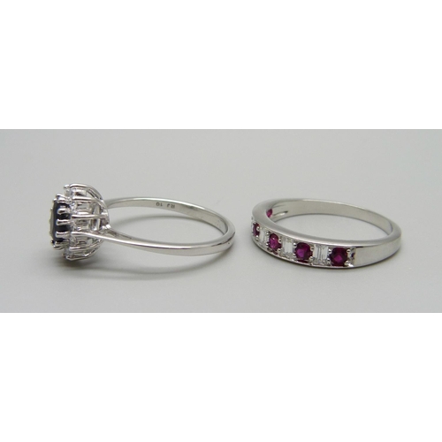 1015 - A silver, sapphire and white stone set ring and a ruby and white stone set ring, U