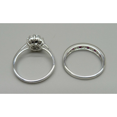 1015 - A silver, sapphire and white stone set ring and a ruby and white stone set ring, U