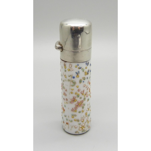 1034 - A silver top porcelain scent bottle, with inner stopper, (tests as silver)