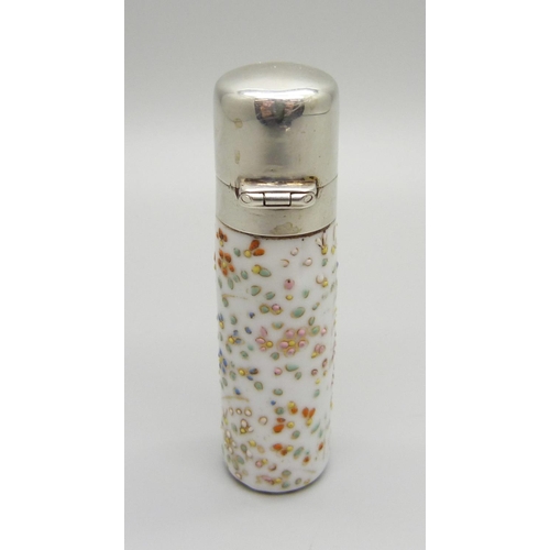 1034 - A silver top porcelain scent bottle, with inner stopper, (tests as silver)