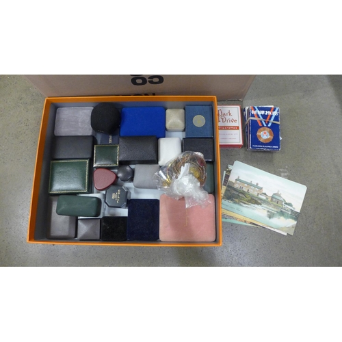 1052 - Three boxes, jewellery, travel set, pens, playing cards and postcards **PLEASE NOTE THIS LOT IS NOT ... 