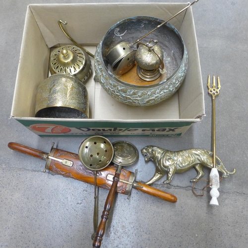 1091 - A collection of brass, a wooden carving set, a bell, a tiger, etc. **PLEASE NOTE THIS LOT IS NOT ELI... 