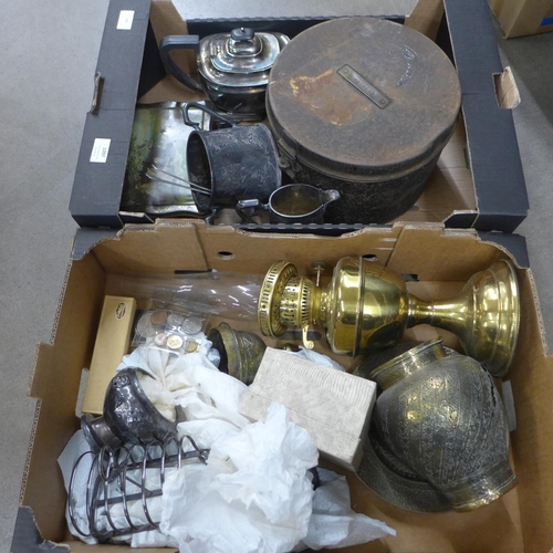 1097 - Two boxes of metal ware including a brass oil lamp **PLEASE NOTE THIS LOT IS NOT ELIGIBLE FOR POSTIN... 