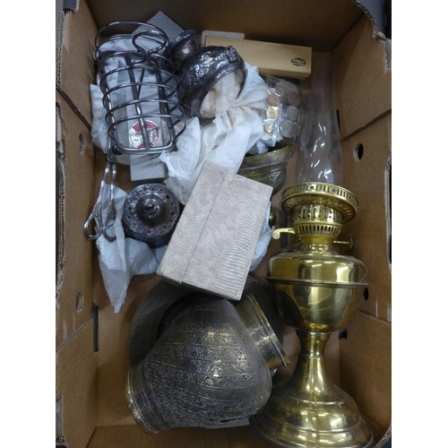 1097 - Two boxes of metal ware including a brass oil lamp **PLEASE NOTE THIS LOT IS NOT ELIGIBLE FOR POSTIN... 