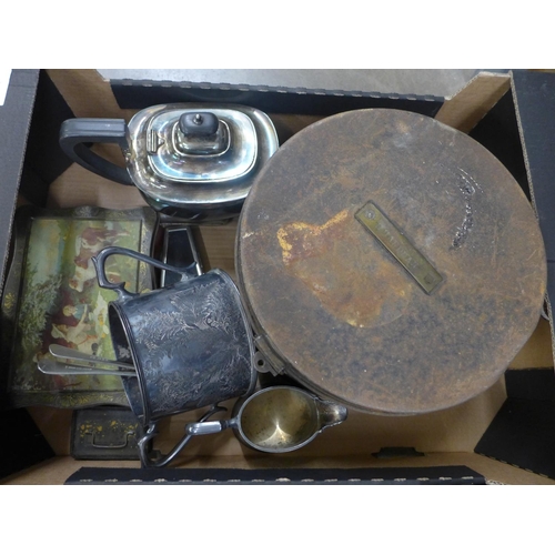 1097 - Two boxes of metal ware including a brass oil lamp **PLEASE NOTE THIS LOT IS NOT ELIGIBLE FOR POSTIN... 