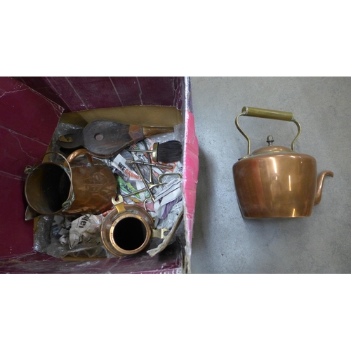 1101 - A copper kettle, a copper jug, fire irons, etc. **PLEASE NOTE THIS LOT IS NOT ELIGIBLE FOR POSTING A... 