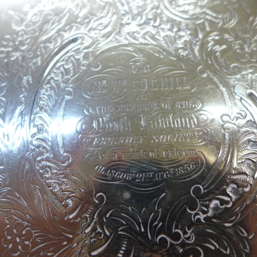 607 - An EPGS (electro-plated German silver) presentation salver, with inscription dated 1856, ‘North Lowl... 