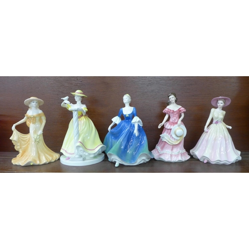 616 - Four Coalport figures, 'Ladies of Fashion', and a Royal Doulton figure, Amy, (5)