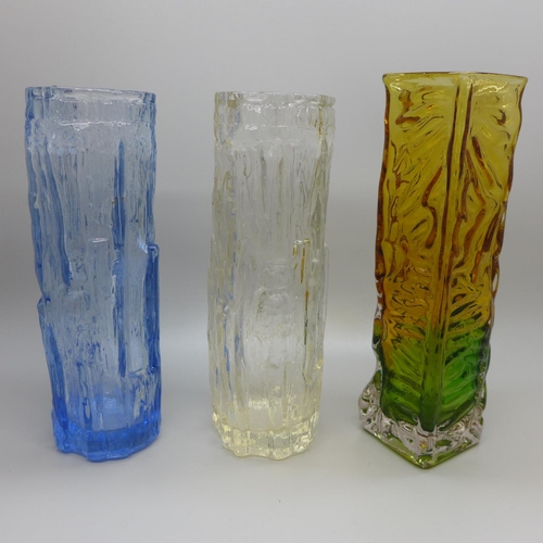 622 - Three glass vases, two bark pattern, 17.5cm