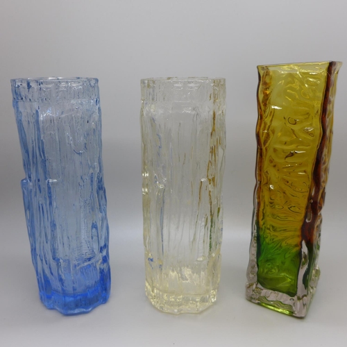 622 - Three glass vases, two bark pattern, 17.5cm