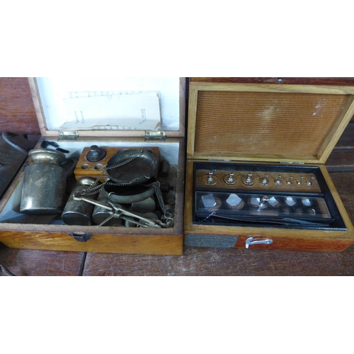626 - A cased set of weights with paper marked CCCP, other weights and scales including Salter’s