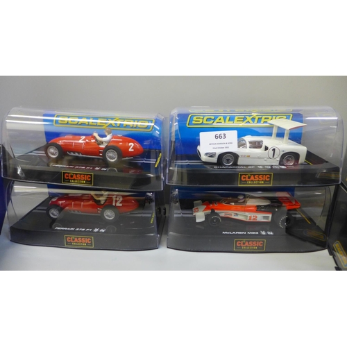 663 - Six Scalextric slot racing cars, Classic editions, and a Slot Mini Auto limited edition Francisco Go... 