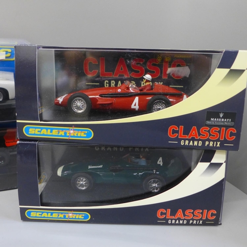 663 - Six Scalextric slot racing cars, Classic editions, and a Slot Mini Auto limited edition Francisco Go... 