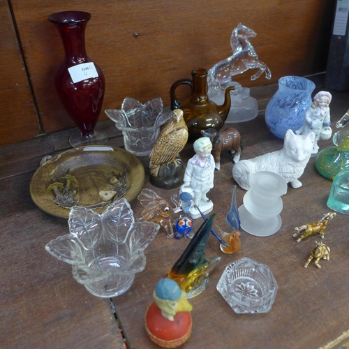 680 - A glass model of a horse, small glass animals, a/f, two glass vases, a Myrna Smith pottery plate, et... 