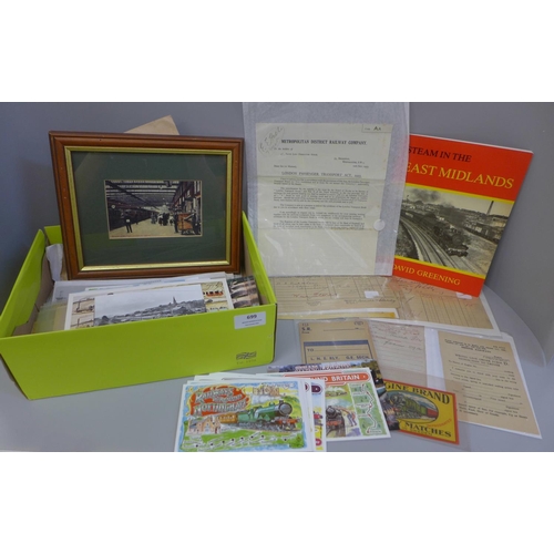 699 - Railway ephemera; a box of railway ephemera with official forms, postcards, re-print photographs of ... 