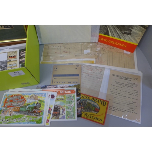 699 - Railway ephemera; a box of railway ephemera with official forms, postcards, re-print photographs of ... 