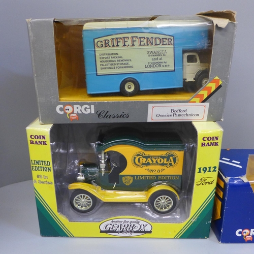 708 - A Corgi Volvo bus, a Corgi Classics Bedford Pantechnicon and a Crayola limited edition coin bank, al... 