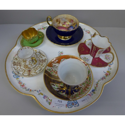 715 - Five cabinet cups and saucers, Coalport, Aynsley, Limoges, etc., and a porcelain tray