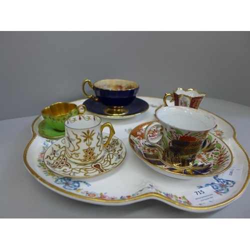 715 - Five cabinet cups and saucers, Coalport, Aynsley, Limoges, etc., and a porcelain tray