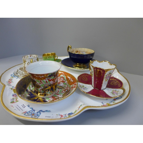 715 - Five cabinet cups and saucers, Coalport, Aynsley, Limoges, etc., and a porcelain tray