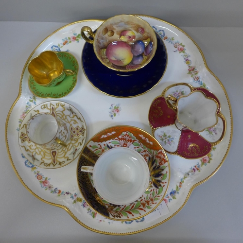 715 - Five cabinet cups and saucers, Coalport, Aynsley, Limoges, etc., and a porcelain tray