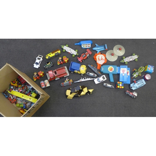 725 - A collection of vintage model vehicles including Matchbox, Dinky and Corgi magic Roundabout, play wo... 