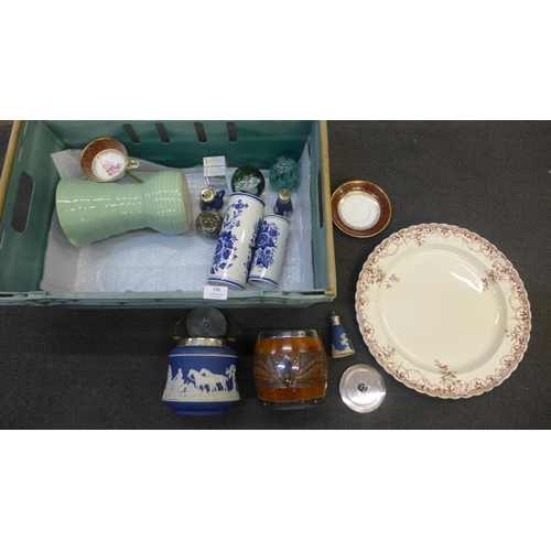 735 - An Adams Tunstall Jasperware biscuit barrel, salt, pepper and mustard, a Copeland Spode Sydney circu... 