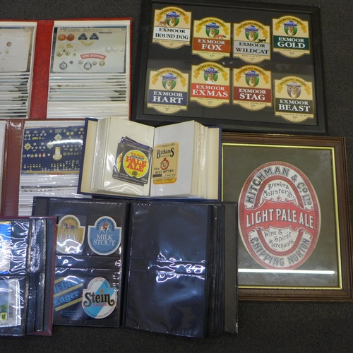 742 - A large collection of beer bottle labels, two framed sets and five albums of military badge photos