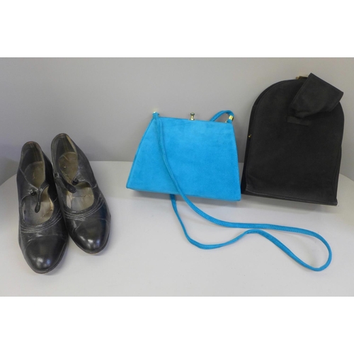 770 - A vintage suede black handbag, a pair of 1920's shoes and a 1980's Dollar Grand handbag, in teal