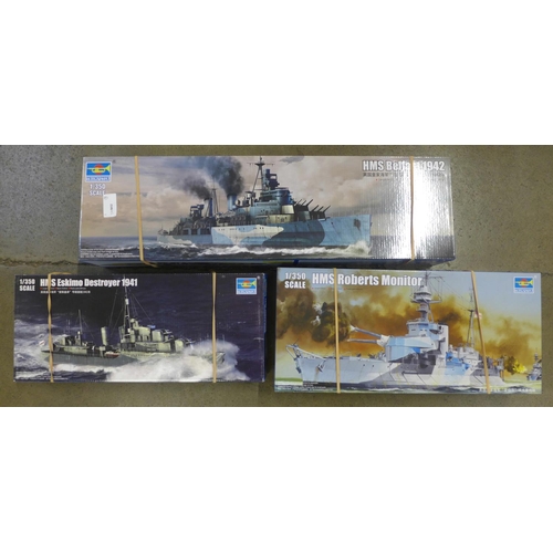 776 - Three Trumpeter 1/350 scale model kits, including HMS Belfast