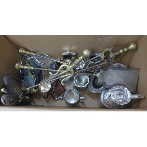 798 - A collection of plated ware including teapot, flatware, pewter tankards, etc., and a brass companion... 