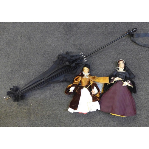 822 - Two vintage dolls and a mourning parasol