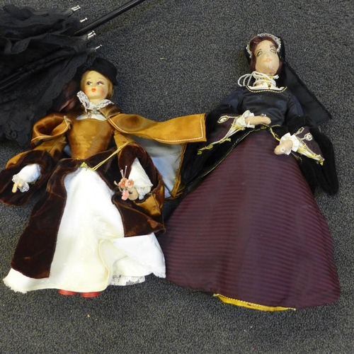 822 - Two vintage dolls and a mourning parasol