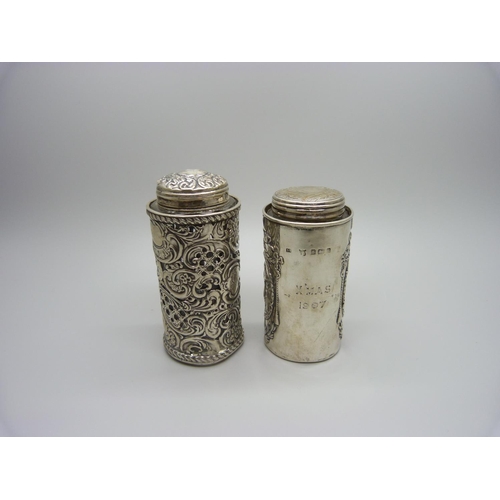 846 - Two silver topped glass bottles including one Victorian, both in hallmarked silver holders, weighabl... 