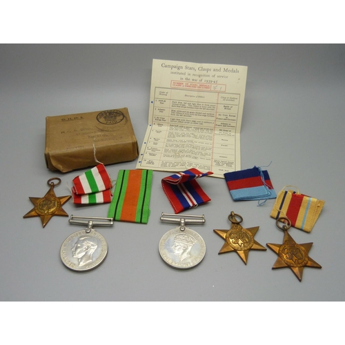 872 - A collection of five WWII medals, box addressed to Quinn, Manchester