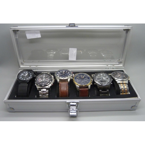 896 - A case of six wristwatches, Casio, Sekonda, Hilfiger and Accurist