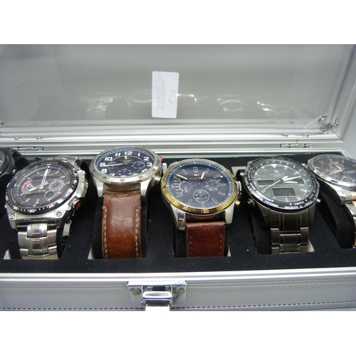 896 - A case of six wristwatches, Casio, Sekonda, Hilfiger and Accurist