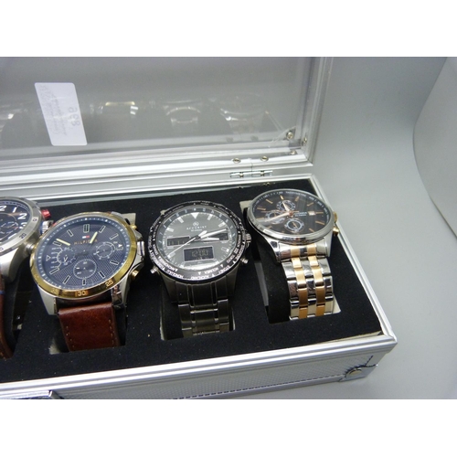 896 - A case of six wristwatches, Casio, Sekonda, Hilfiger and Accurist