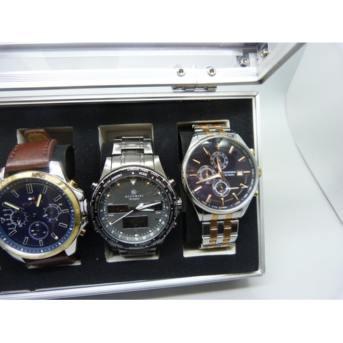 896 - A case of six wristwatches, Casio, Sekonda, Hilfiger and Accurist