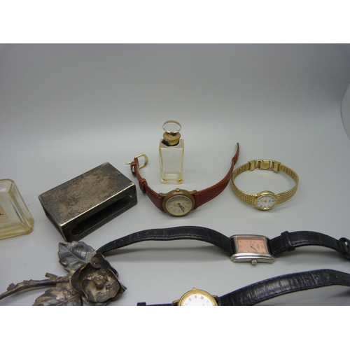 897 - Silver rings, jewellery, a silver and mother of pearl fruit knife, silver locket, a Chanel perfume b... 