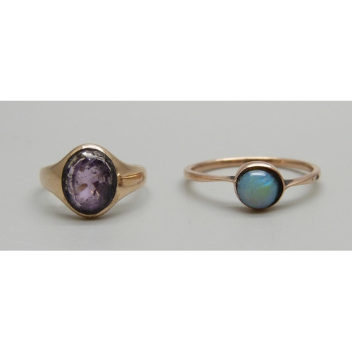 924 - Two 9ct gold rings, opal and amethyst set, 2.8g, M and F, (opal a replacement stone)